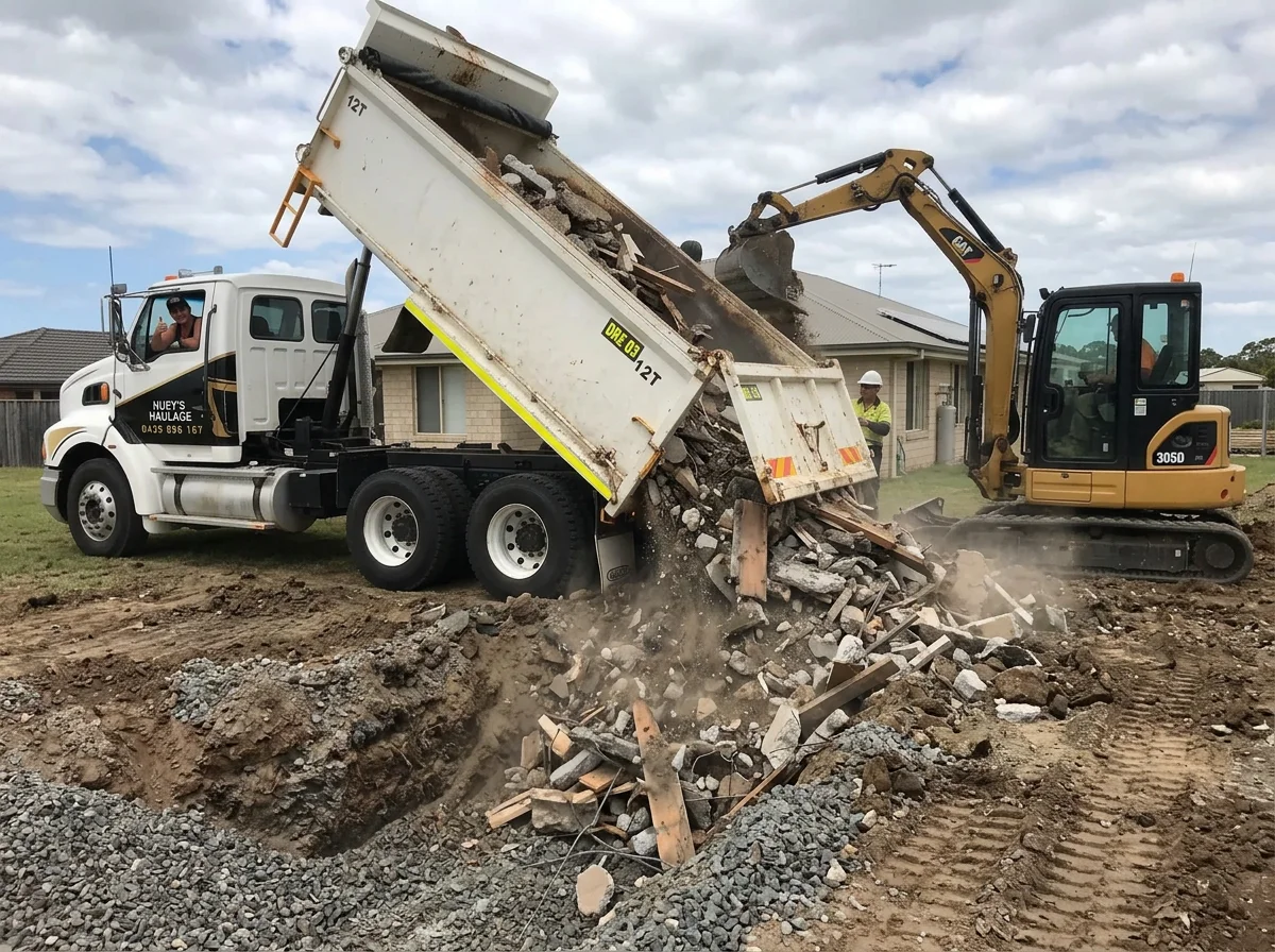 Huey's Haulage truck tipping concrete and timber spoil while an excavator loads beside it